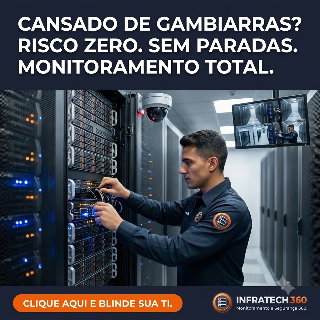 Técnico da Infratech 360 em rack de servidores com monitoramento por CFTV — Clique e fale pelo WhatsApp